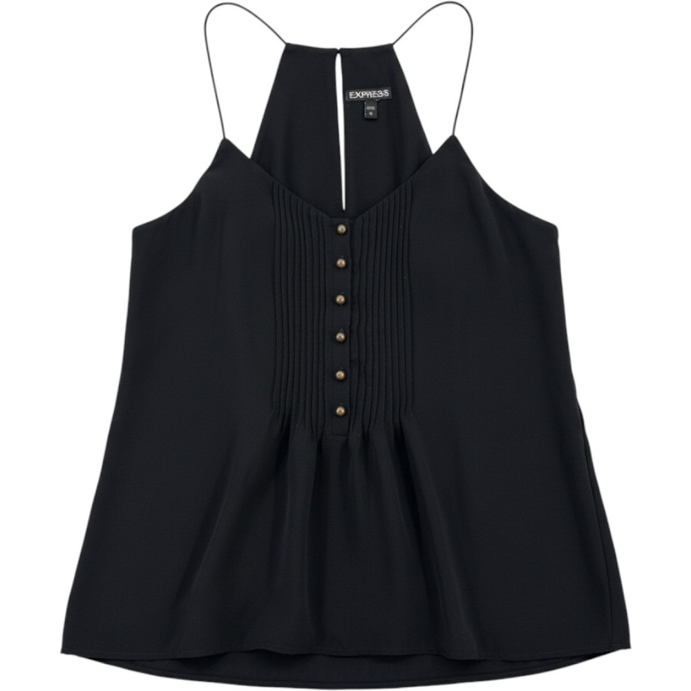 Y2K Going Out Top Express Black Pintuck Pleated Button Cami Blouse Large